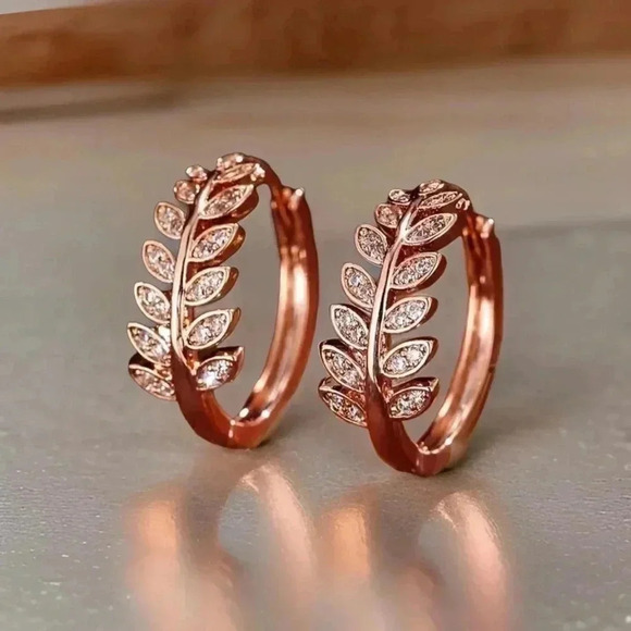 Zircon Olive Branch Leaf Small Hoop Earrings Rose Gold - Picture 1 of 5